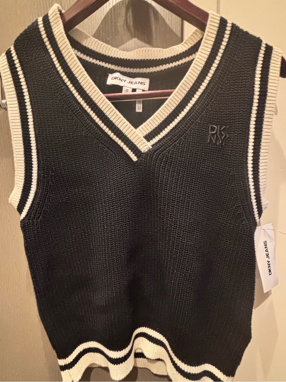 Dkny Black V-Neck Knit Sweater Vest with Cream Trim